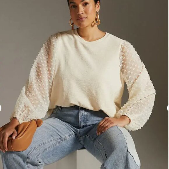 Maeve by Anthropologie Textured Balloon Sleeve Top Cream Minimalist Girly Sz L - Picture 1 of 7